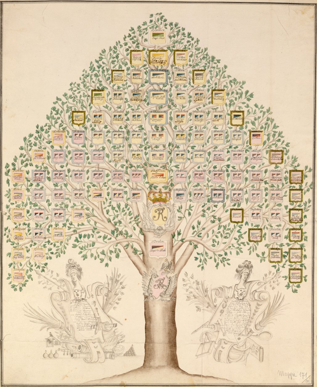Diagram over de 97 stationer i regimenterne, der udgjorde den kongelige preussiske hær, 1756 (pen, blæk og wc på papir) af German School