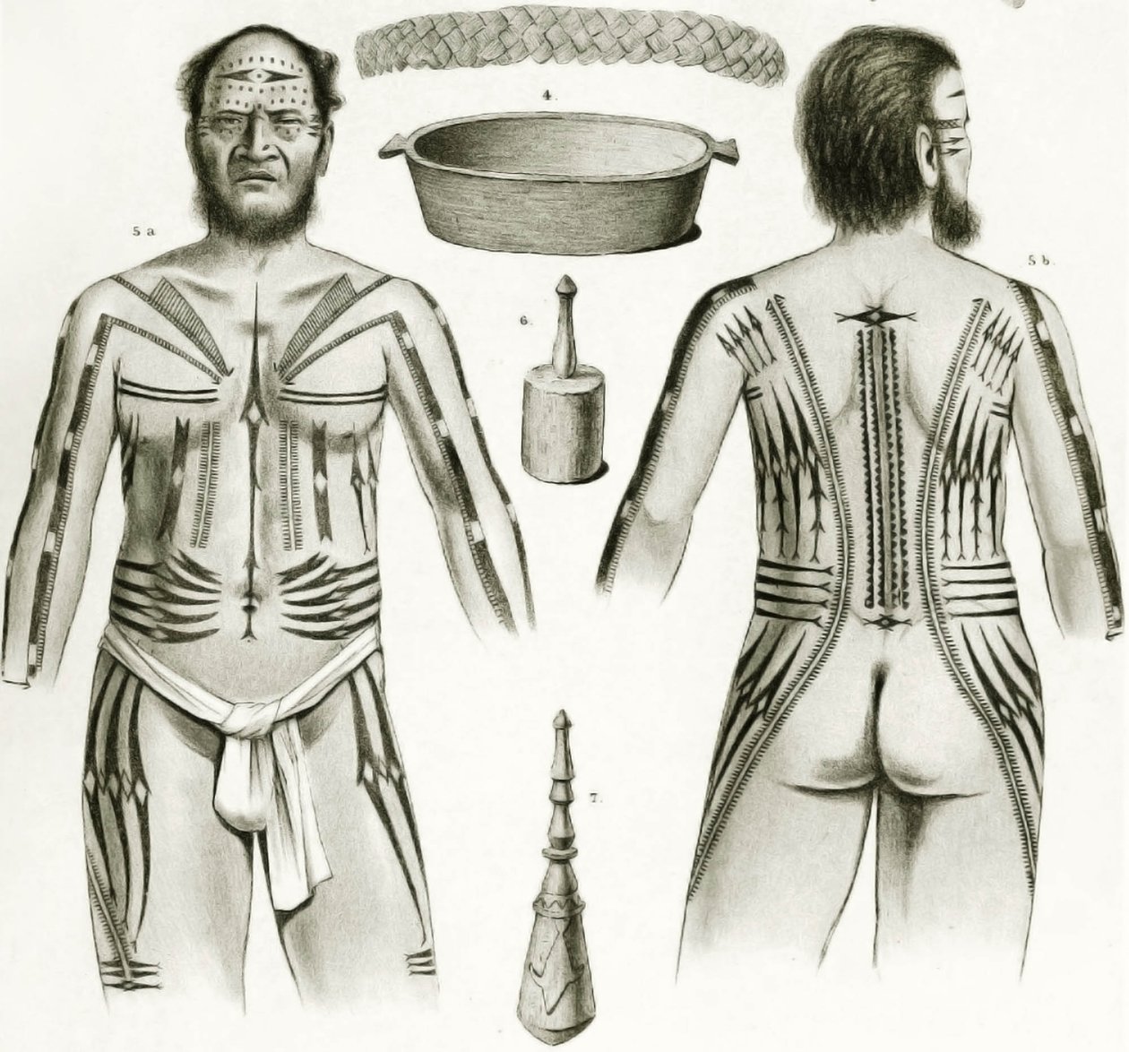 Diagram, der viser forskellige polynesiske artefakter og tatoveringsdesign, 1888 af German School