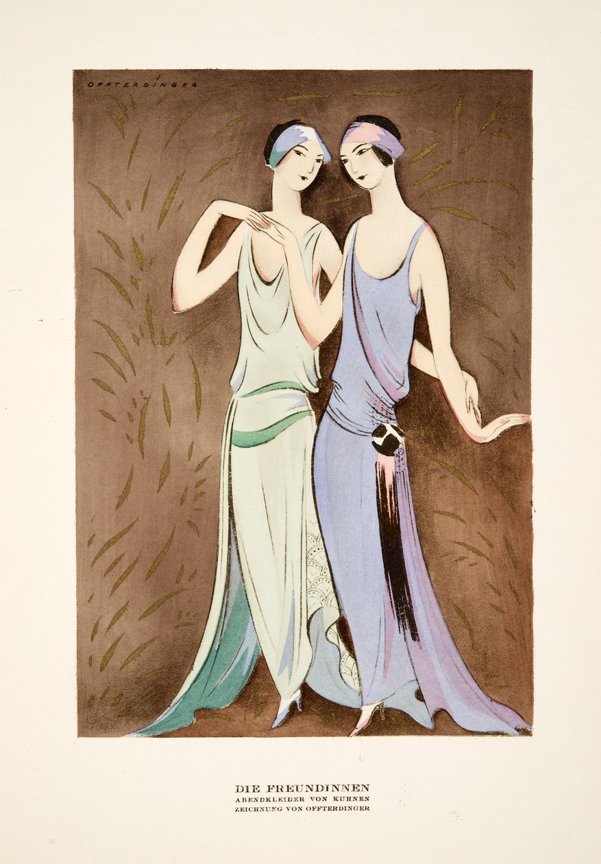 Die Freundinnen, kjoler af Kuhnen, fra Styl, pub.1922 (pochoir print) af German School