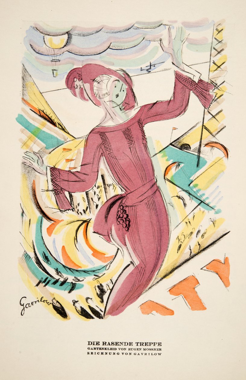 "Die Rasende Treppe", reklame for kjole af Eugen Mossner, fra Styl, pub.1922 (pochoir print) af German School