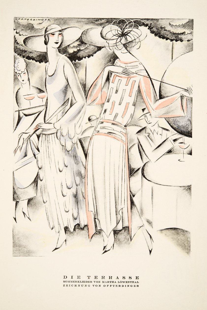"Die Terrasse" Annonce for sommerkjoler af Martha Lowenthal, fra Styl, pub.1922 (pochoir print) af German School