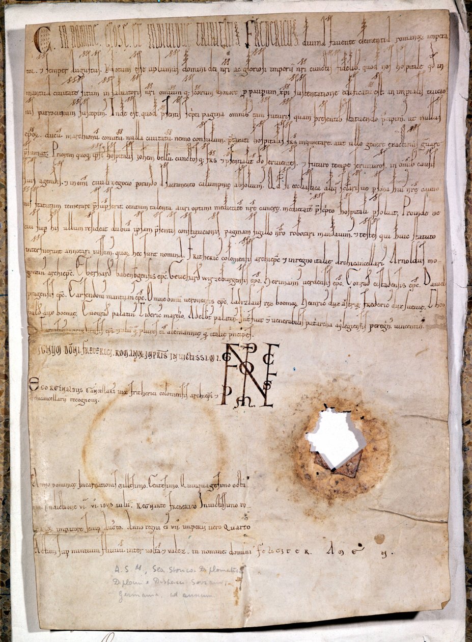 Diplom for hospitalet i Mantua dateret 10. juli 1158. Dokumentet er underskrevet af den tyske kejser Frederik I Barberossa (1122 - 1190). Milanos nationalarkiv. af German School