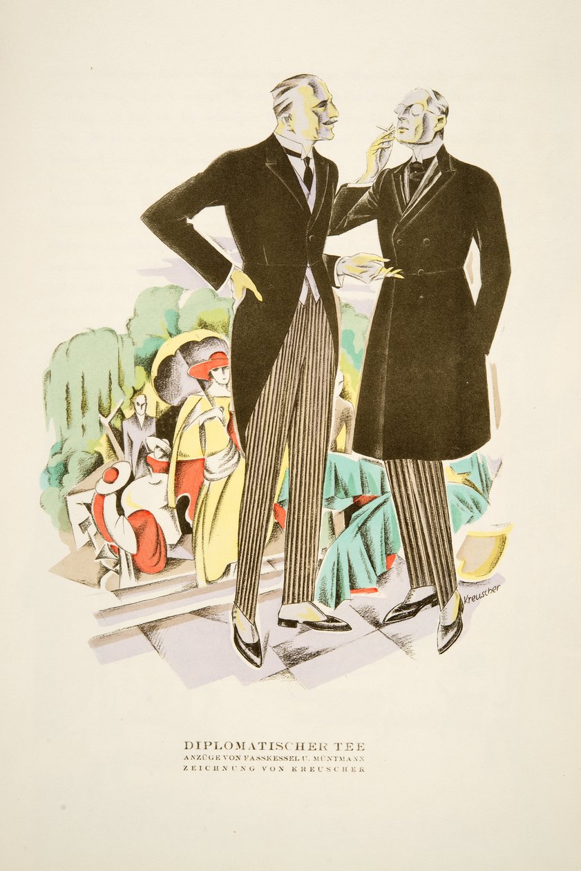 Diplomatischer Tee, jakkesæt af Fasskessel U. Muntmann, fra Styl, pub.1922 (pochoir print) af German School