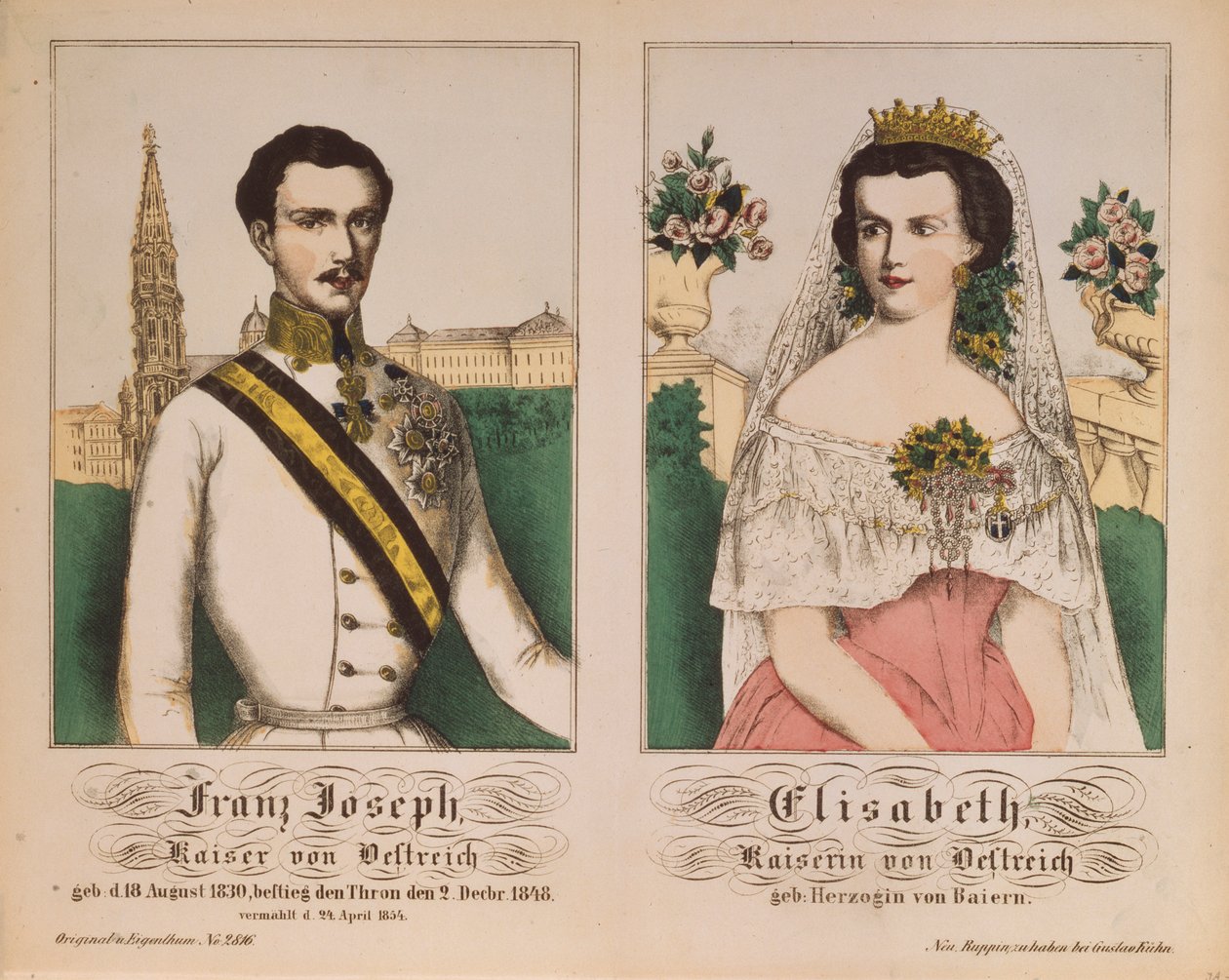 Dobbeltportræt af kejser Franz Joseph I af Østrig og kejserinde Elizabeth, fra Neuruppiner Bilderbogen, 1854 af German School