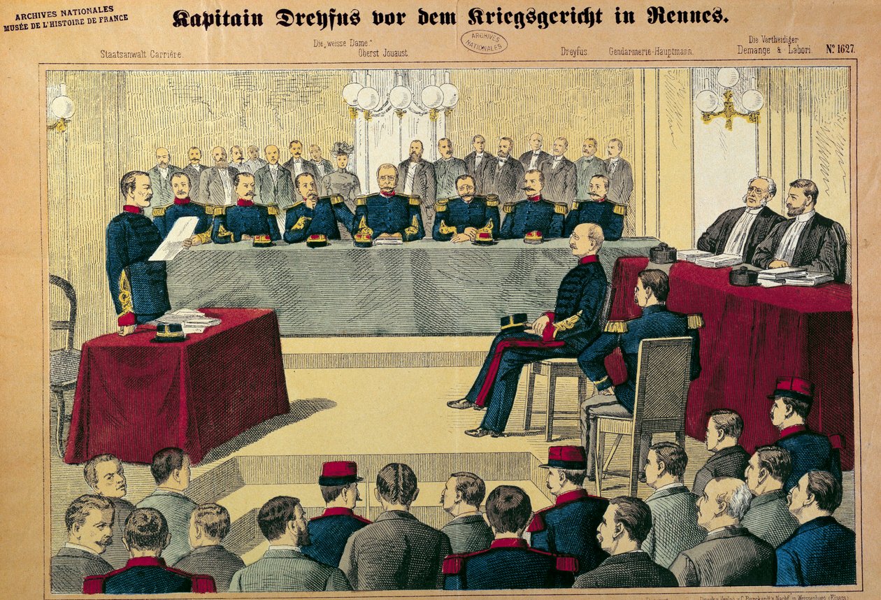 Dreyfus-sag: retssagen i revision af kaptajn Dreyfus (1859-1923) Illustration fra tysk presse af German School