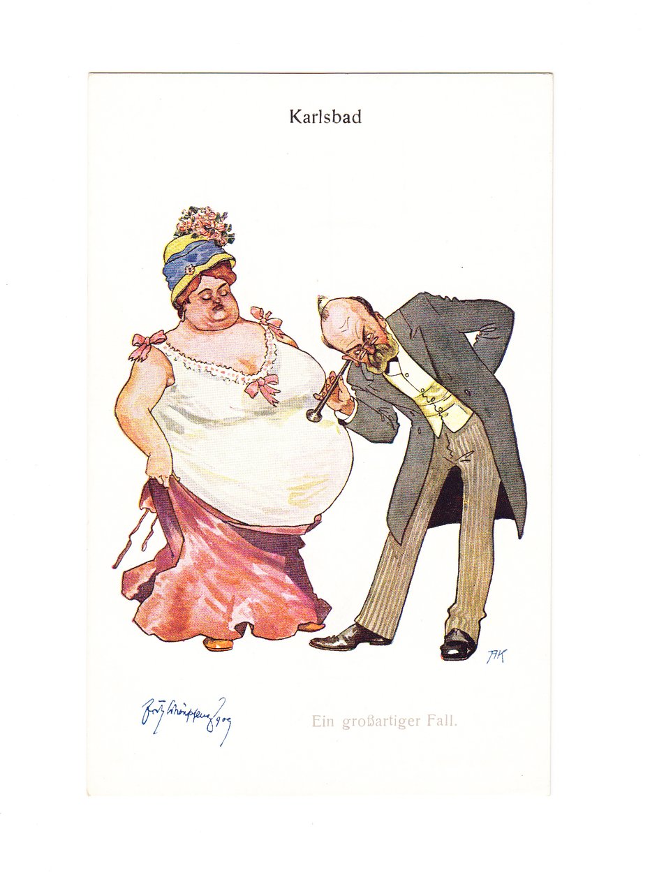 Edwardiansk humoristisk postkort af en læge med hans ørestykke til en meget tyk kvindes mave, ca. 1910 (farve litho) af German School