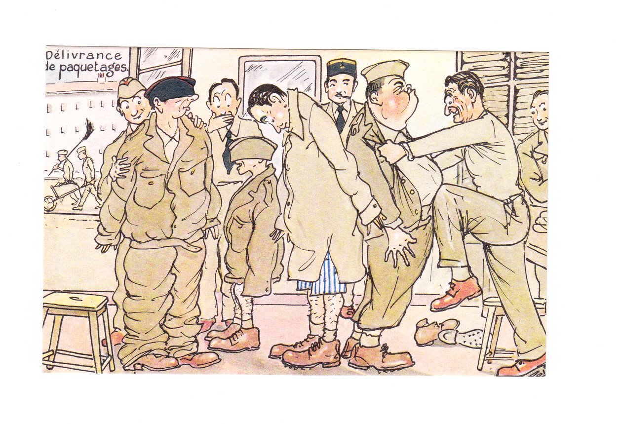 Edwardiansk humoristisk postkort med nye rekrutter undersøgt på en hærstation, ca. 1910 (farve litho) af German School
