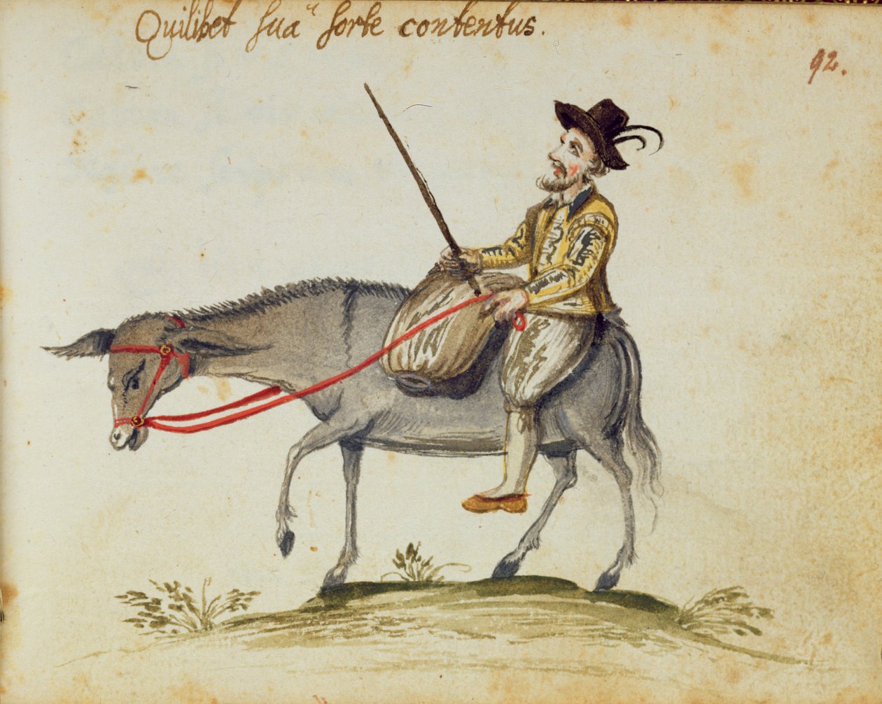 Egerton 1269 f.92 Mand ridende på et muldyr, fra albummet Amicorum, af Moyses Walens, Köln af German School