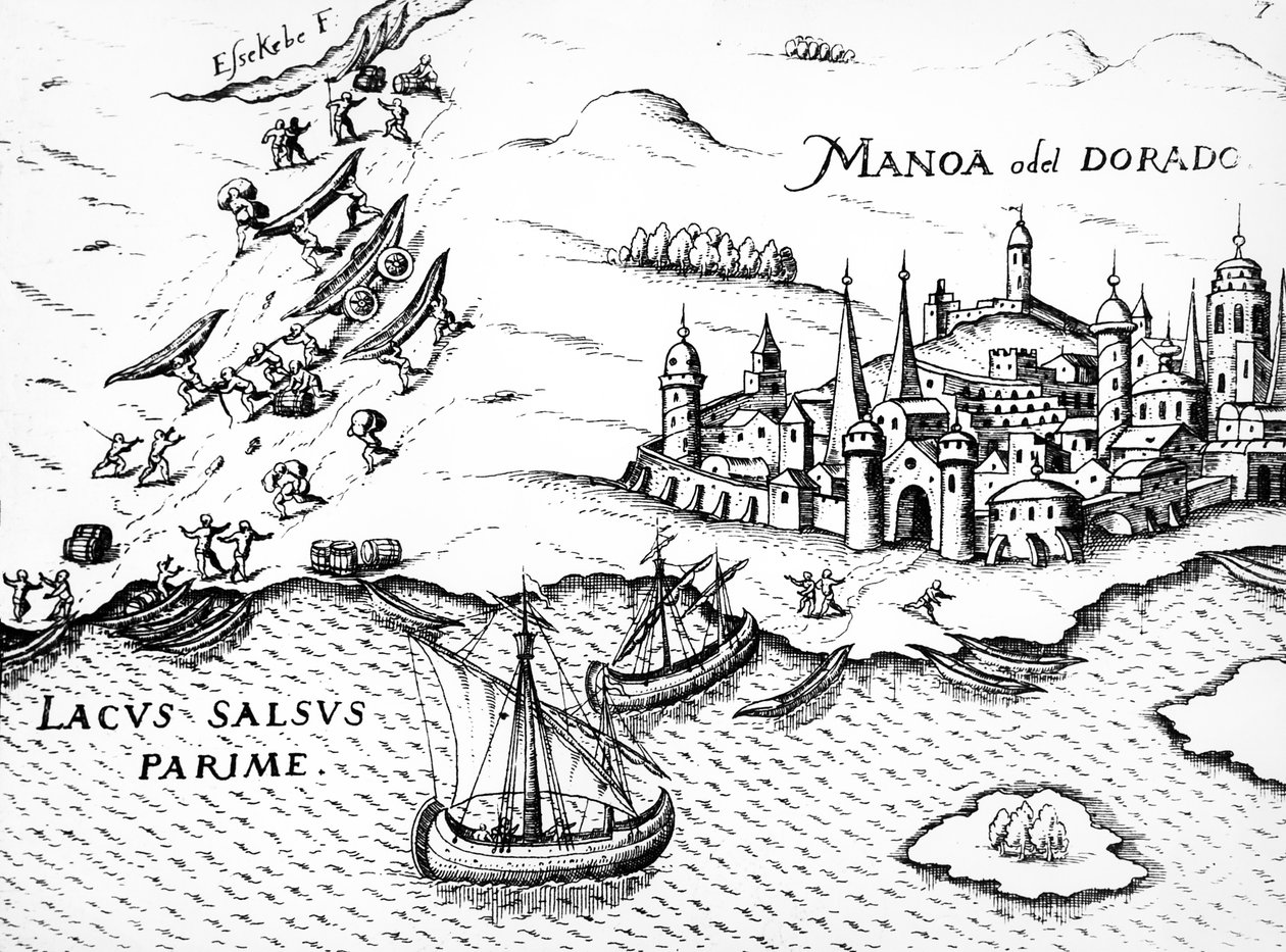 Eldorado, illustration fra Regni Guianae, af G. Raleigh, 1594-96 af German School