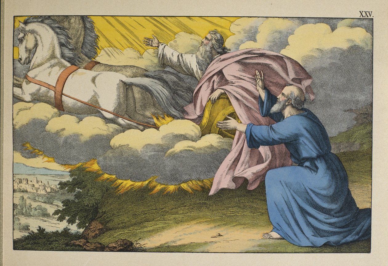 Elias stiger op til Himlen i en hvirvelvind og forlader sin discipel Elisha for at fortsætte sit arbejde, illustration fra LANcien Testamente, udgivet af Jakob Ferdinand Schreiber, Esslingen (farvestik) af German School