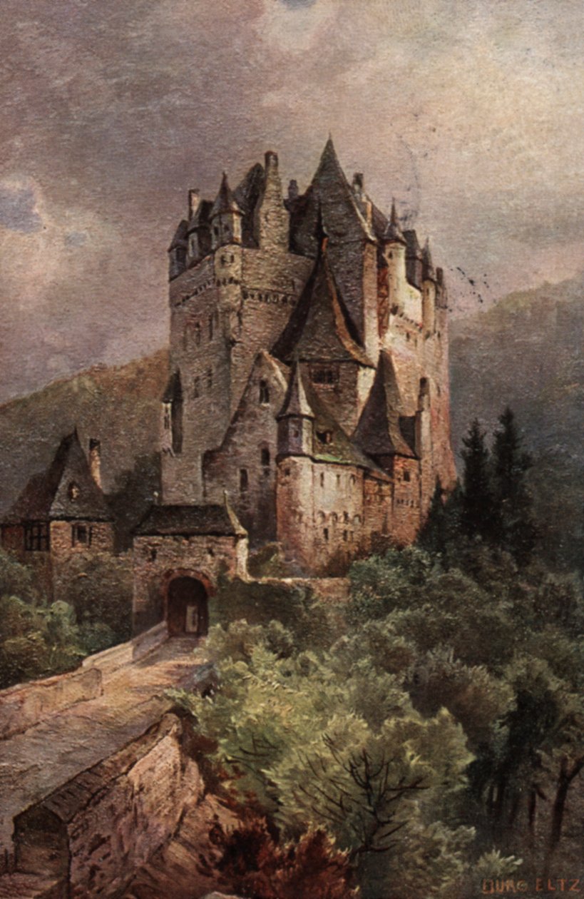 Eltz Slot, Moseldalen, Tyskland (farvelitografi) af German School