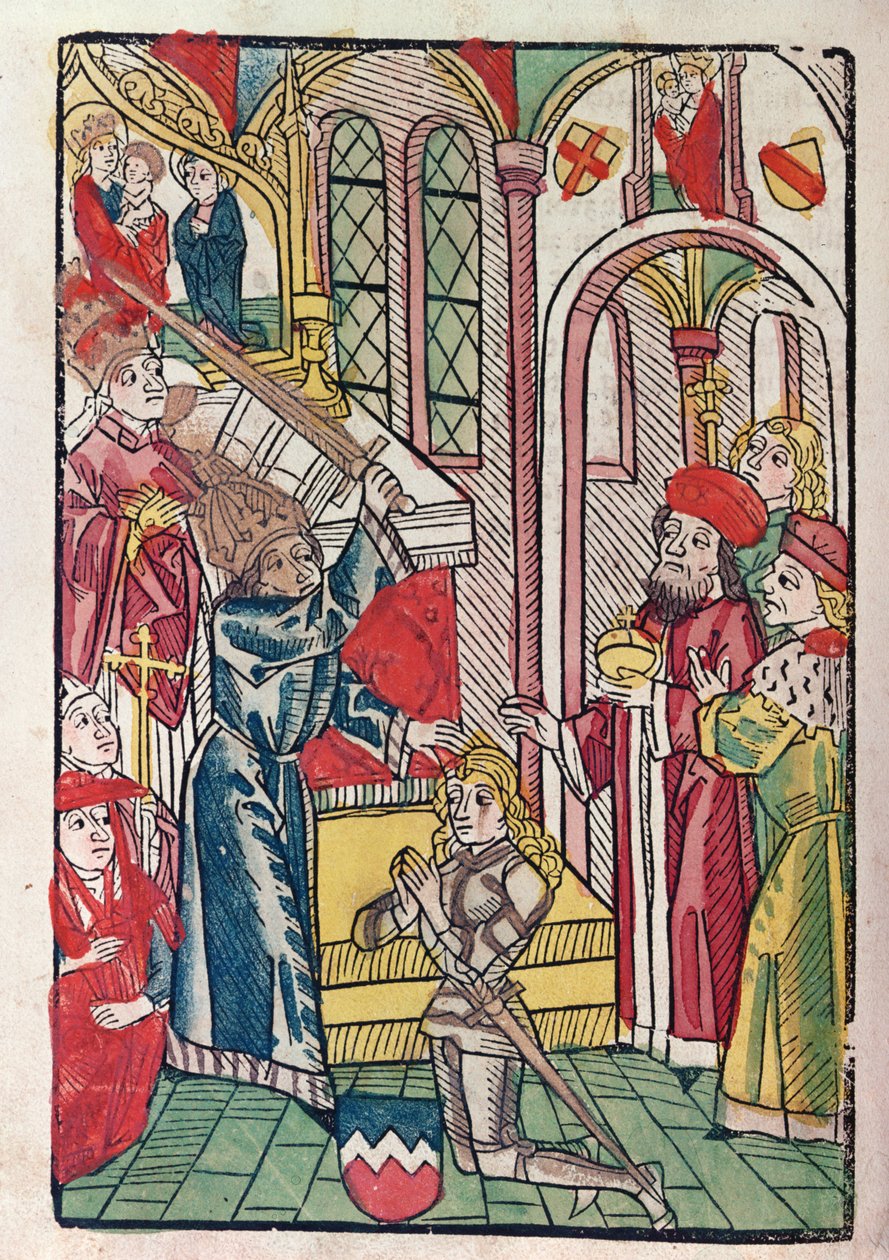 Kejser Sigismund (1367-1437) af Luxemburg efternavner en ridder (farvetræsnit) af German School