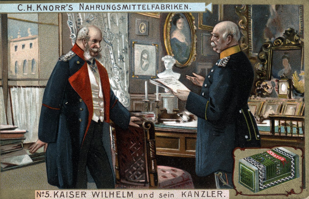 Kejser Vilhelm I af Tyskland og Preussen (1797-1888) og kansler Otto von Bismarck (1815-1898) diskuterer politiske spørgsmål. Kromolitografi, slutningen af 1800-tallet. af German School