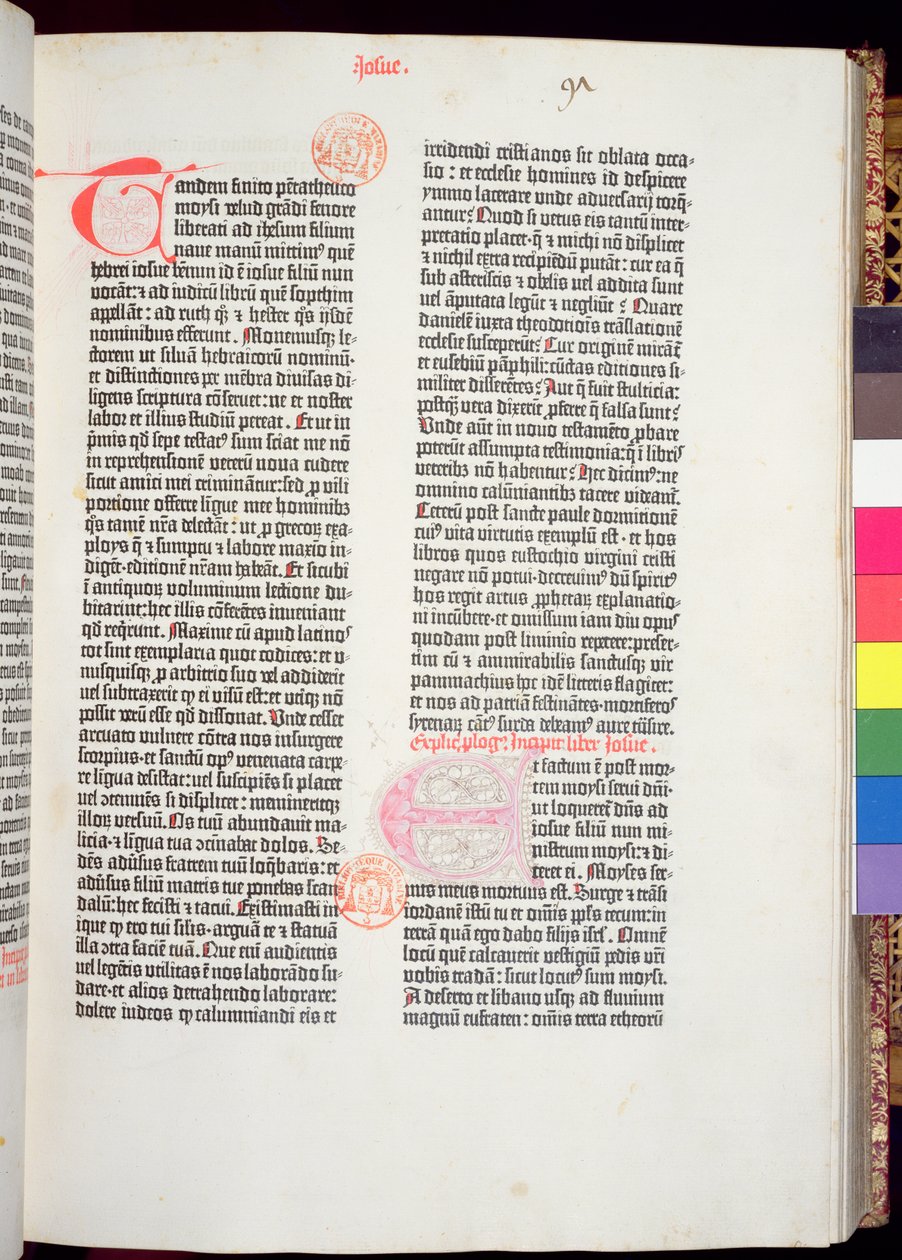 Slutningen af Pentateuken og begyndelsen af Josvas Bog, fra Gutenberg-bibelen, trykt af Johannes Gutenberg (ca. 1400-68) & og Peter Schoeffer (1425-1502) i Mainz, 1454-56 (trykt papir) af German School