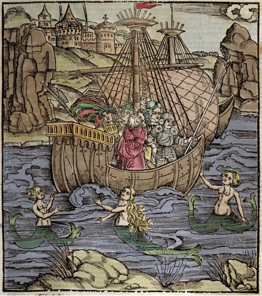 Eneide de Virgil (70 f.Kr.-19 f.Kr.), de trojanske helte Enee og hans ledsagere krydser et hav fyldt med sirene. Xylografi af Sebastian Brant (1458-1521). Strasbourg af German School