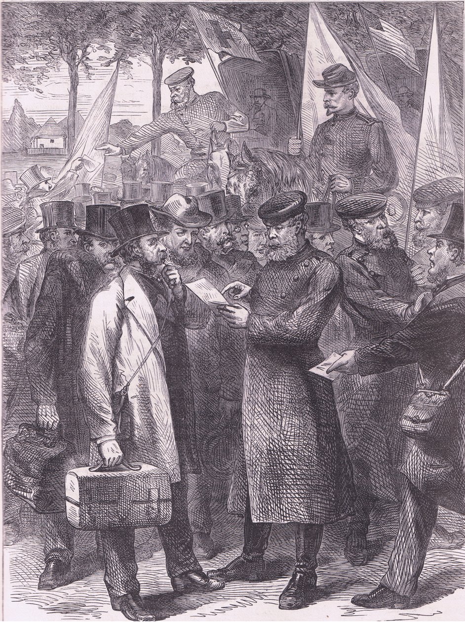 Engelske beboere, der forlader Paris, Cassells historie om krigen mellem Frankrig og Tyskland udgivet af Cassell and Company Limited, ca. 1890 (litho) af German School