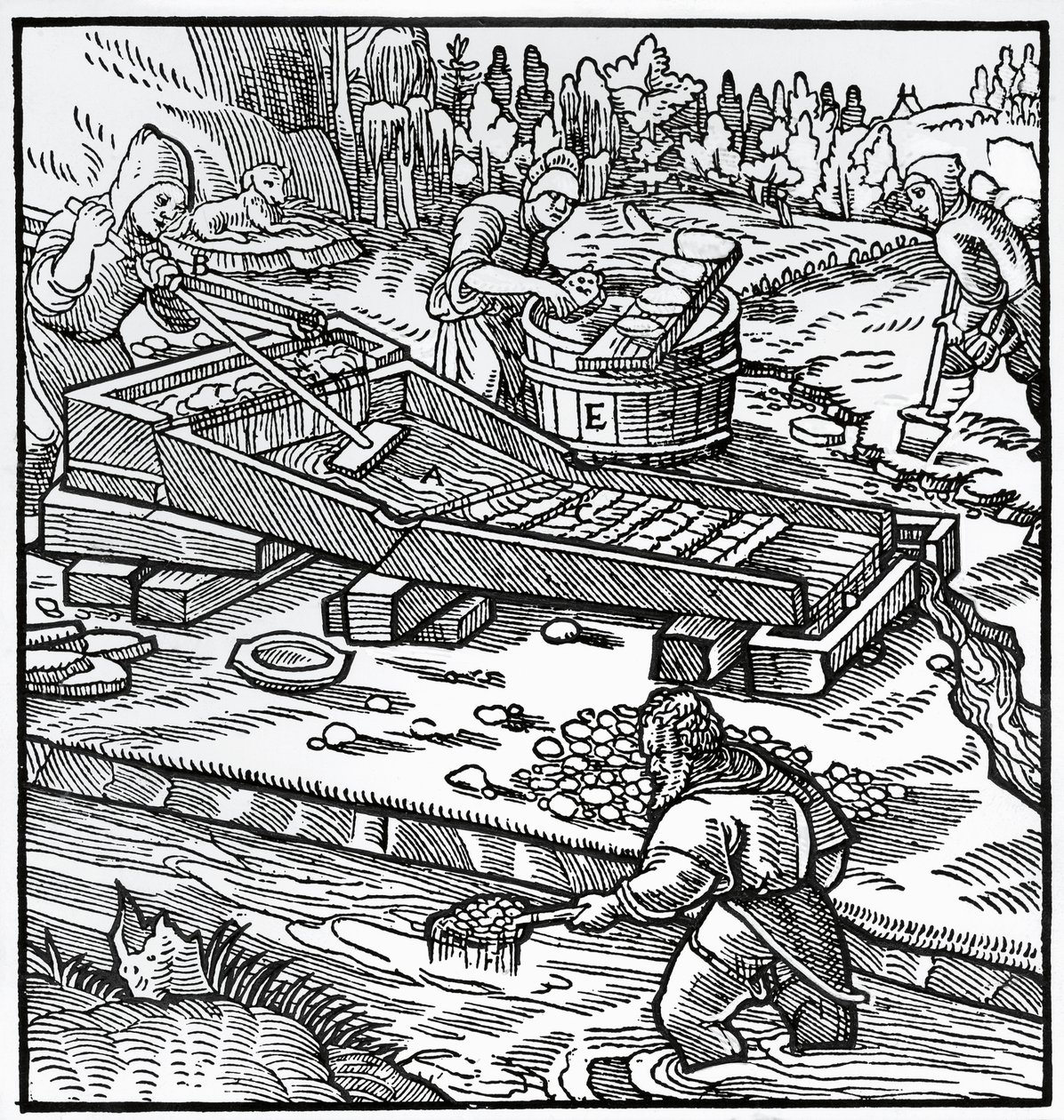Gravering fra De re metallica (Om metallers natur), af Georg Pawer eller Georgius Agricola (1494-1555) af German School