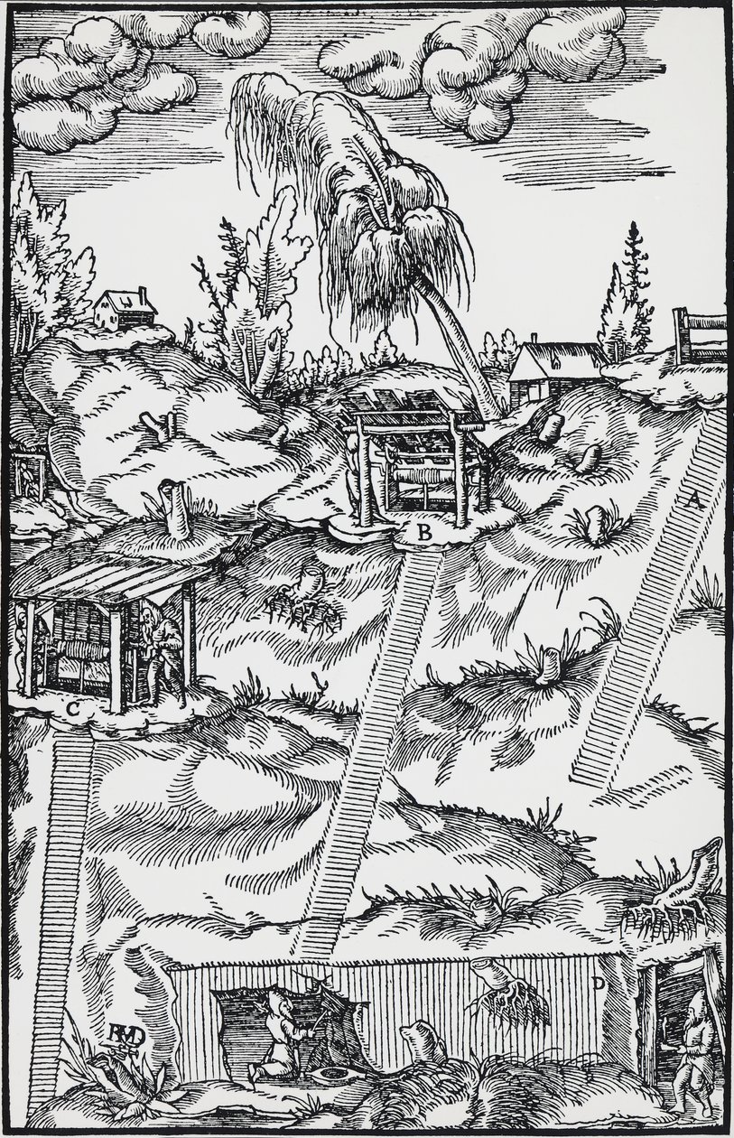 Gravering fra De re metallica (Om metallers natur), af Georg Pawer eller Georgius Agricola (1494-1555), udgivet i Basel af German School