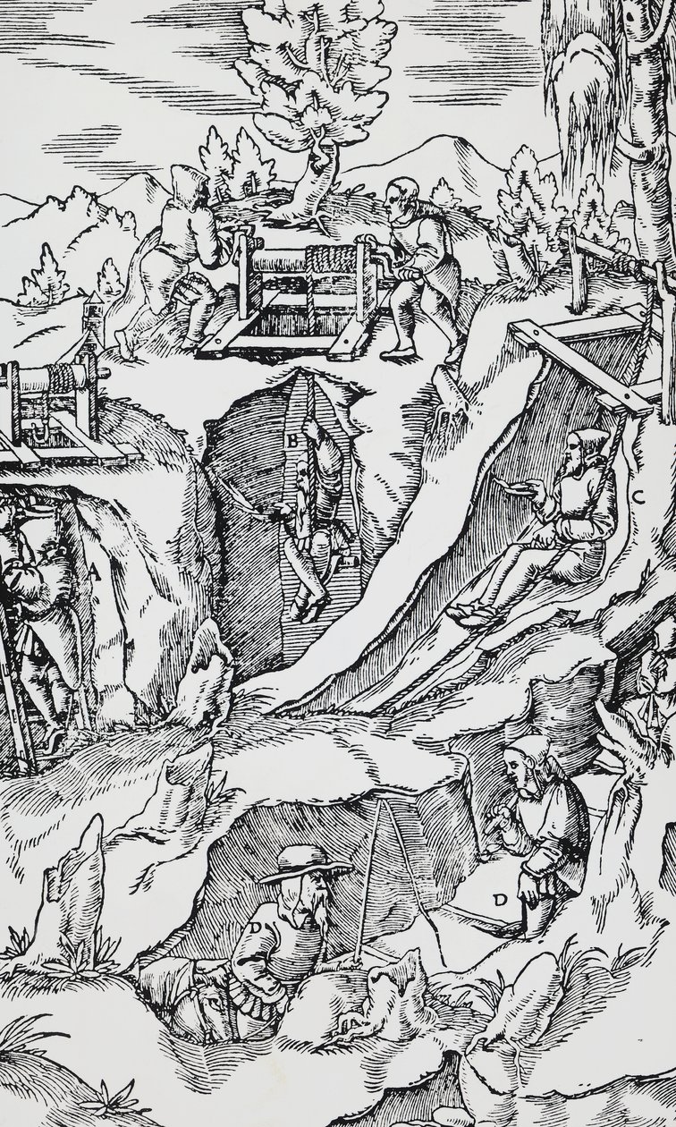 Gravering fra De re metallica (Om metallers natur), af Georg Pawer eller Georgius Agricola (1494-1555), udgivet i Basel af German School