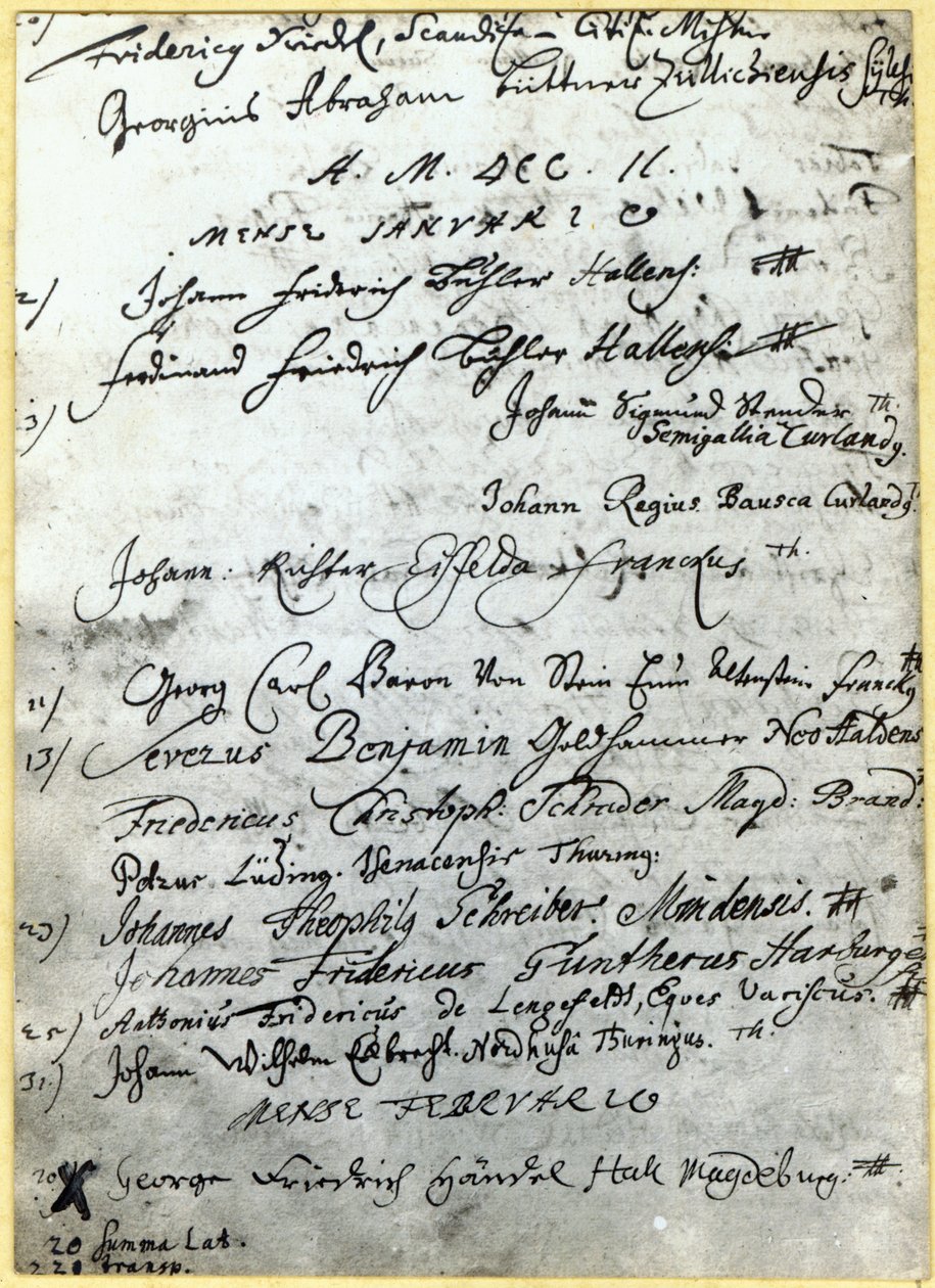Indførsel i Halle Universitets optegnelser, der viser Händels navn, 1702 af German School