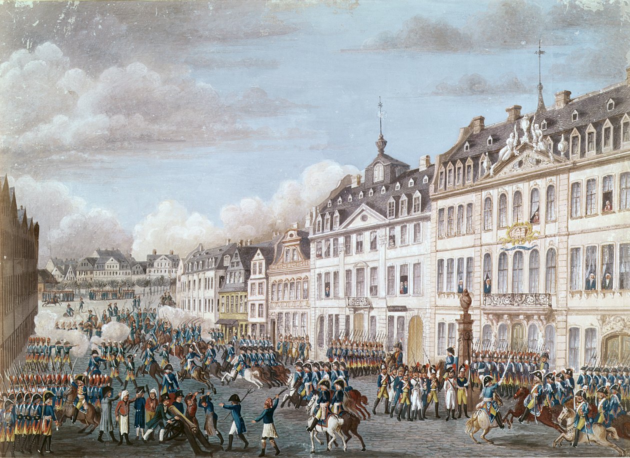 De Forenede Tropper fra Preussen og Hessen indtog i Frankfurt, 2. december 1792 (gouache) af German School