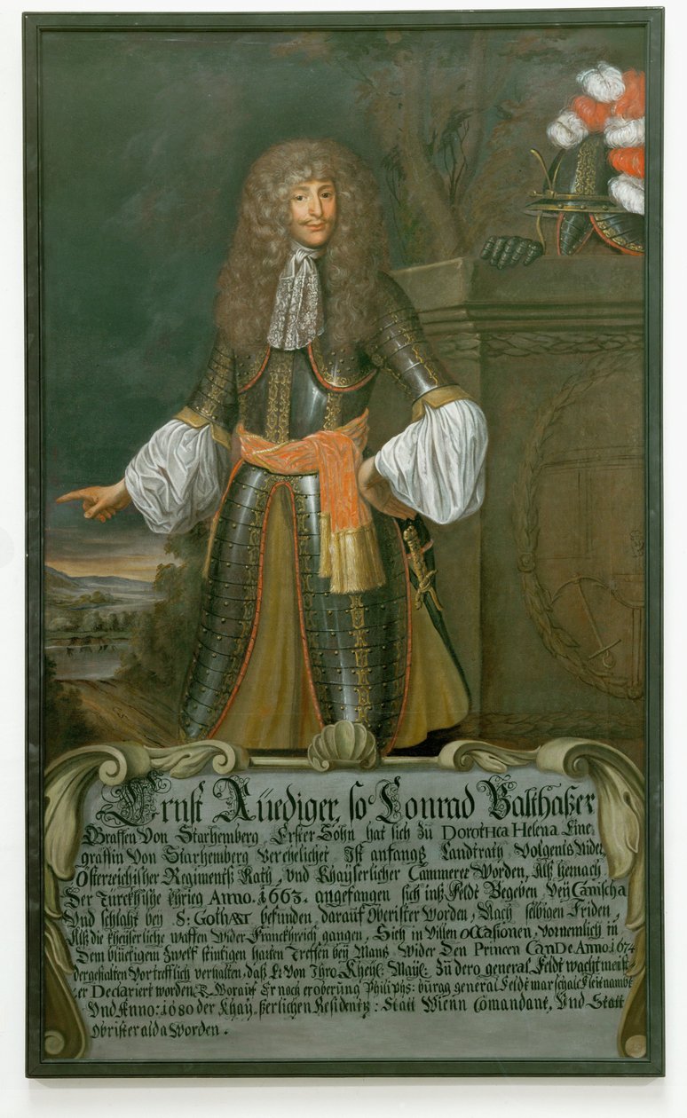 Ernst Rüdiger, greve Starhemberg, feltmarskal og kommandant i Wien under den tyrkiske belejring i 1683 ... (olie på lærred) af German School
