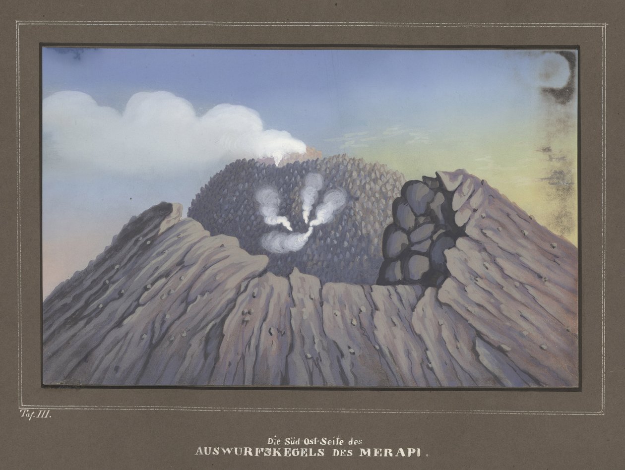 Udbrud fra Mount Merapi, Pl.III, topografisk og videnskabeligt atlas for rejsen gennem Java, af Dr.Fr.Junghuhn, Magdeburg 1845 af German School