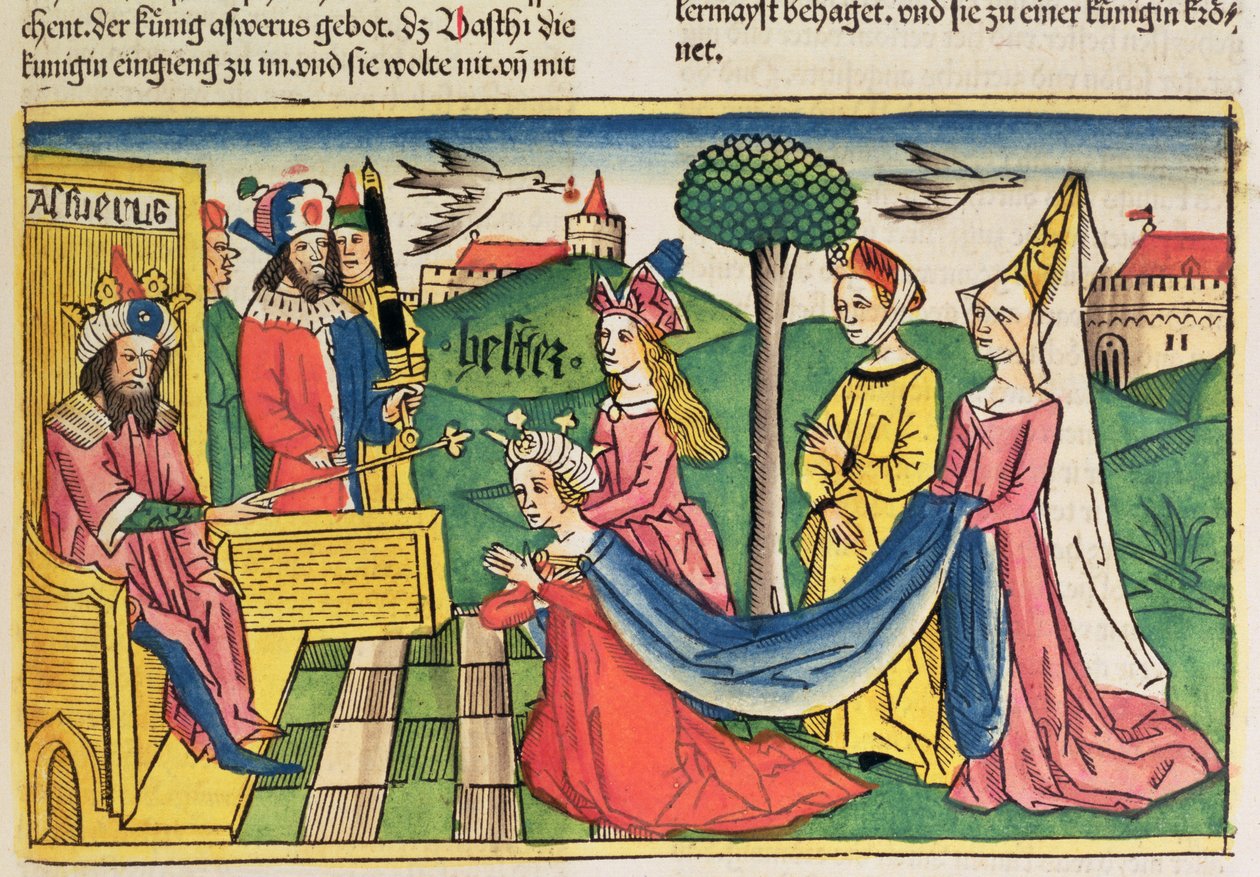 Esther 2 15-18, Esther er valgt til at være dronning af den persiske kong Ahasverus, fra Nürnbergbibelen (Biblia Sacra Germanaica) (farvet træsnit) af German School