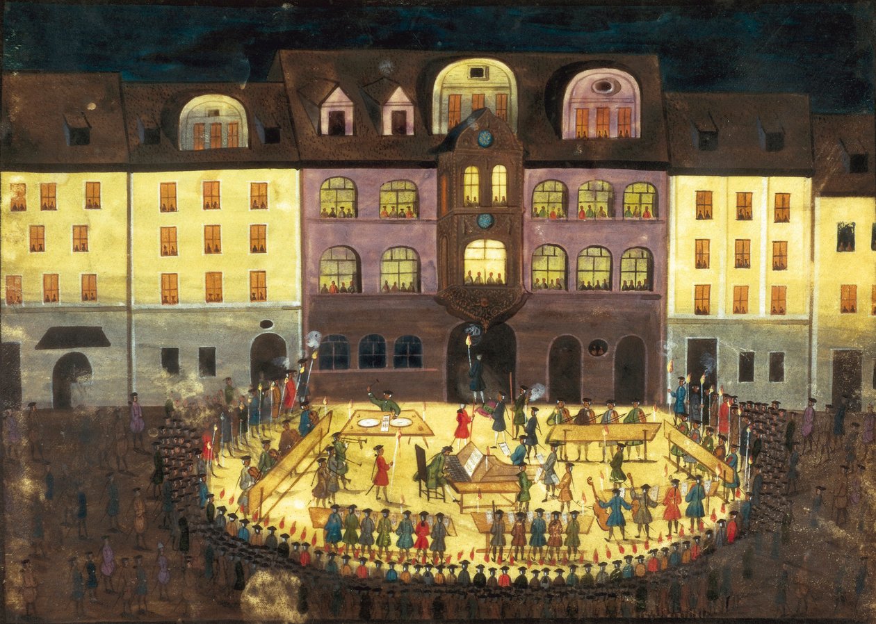 Aftenmusik på et Hamburg Musical College, ca. 1740 (olie på lærred) af German School