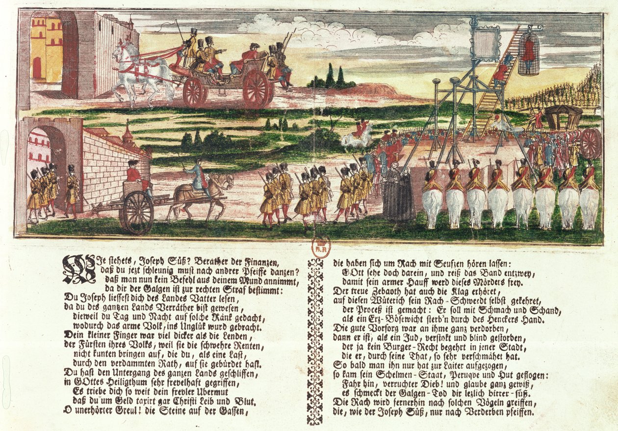 Henrettelse af Joseph Süss Oppenheimer i 1738 (farvet træsnit) af German School