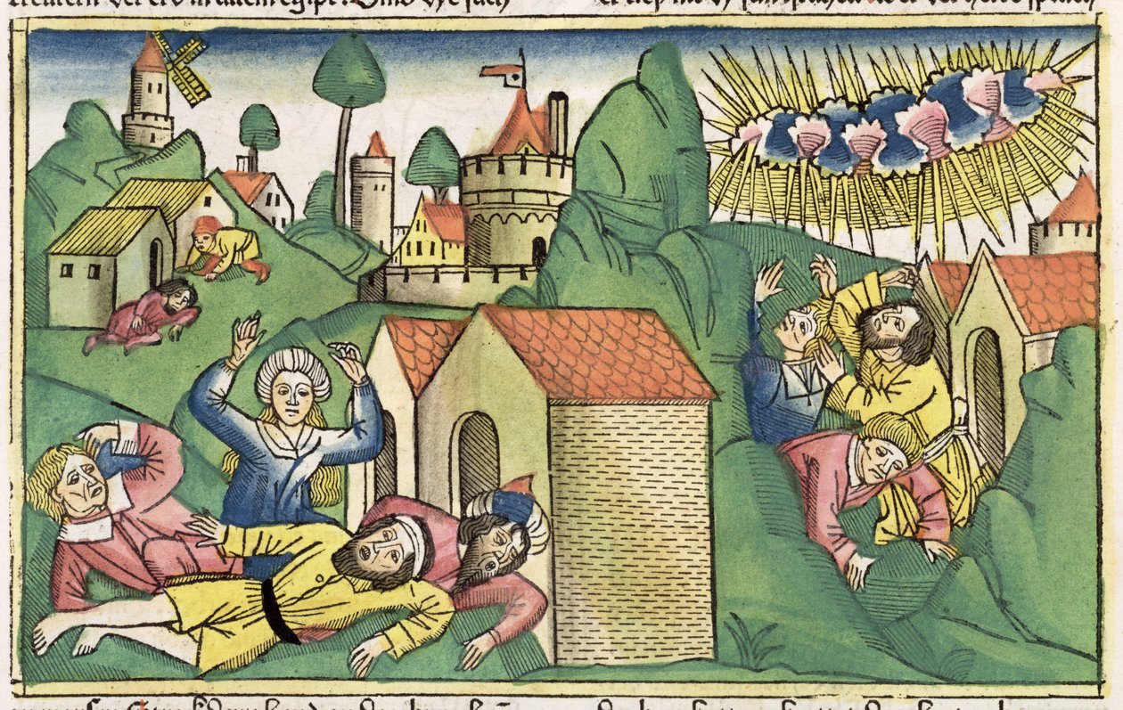 Anden Mosebog 11 1-10 Egyptens syv plager: de ældste sønners død, fra Nürnbergbibelen (Biblia Sacra Germanaica) (farvet træsnit) af German School
