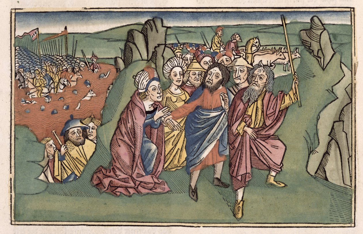 Anden Mosebog 14 Moses og israelitterne krydser Det Røde Hav, fra Nürnbergbibelen (Biblia Sacra Germanaica) (farvet træsnit) af German School