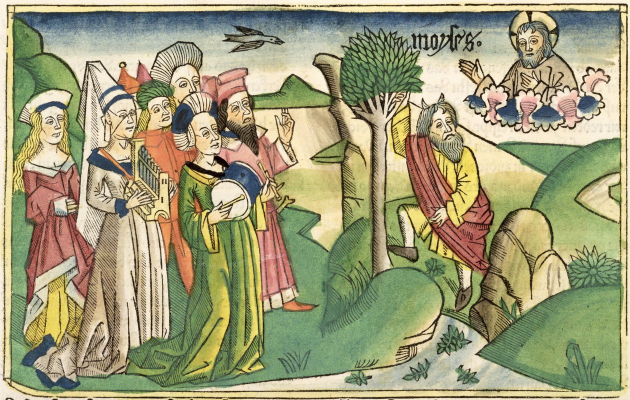 Anden Mosebog 15 1-19 Moses sang, fra Nürnbergbibelen (Biblia Sacra Germanaica) (farvet træsnit) af German School