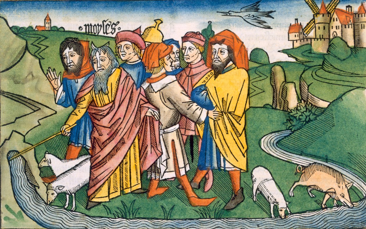 Anden Mosebog 17 1-7 Moses får vandet til at strømme fra Harebs klipper, fra Nürnbergbibelen (Biblia Sacra Germanaica) (farvet træsnit) af German School