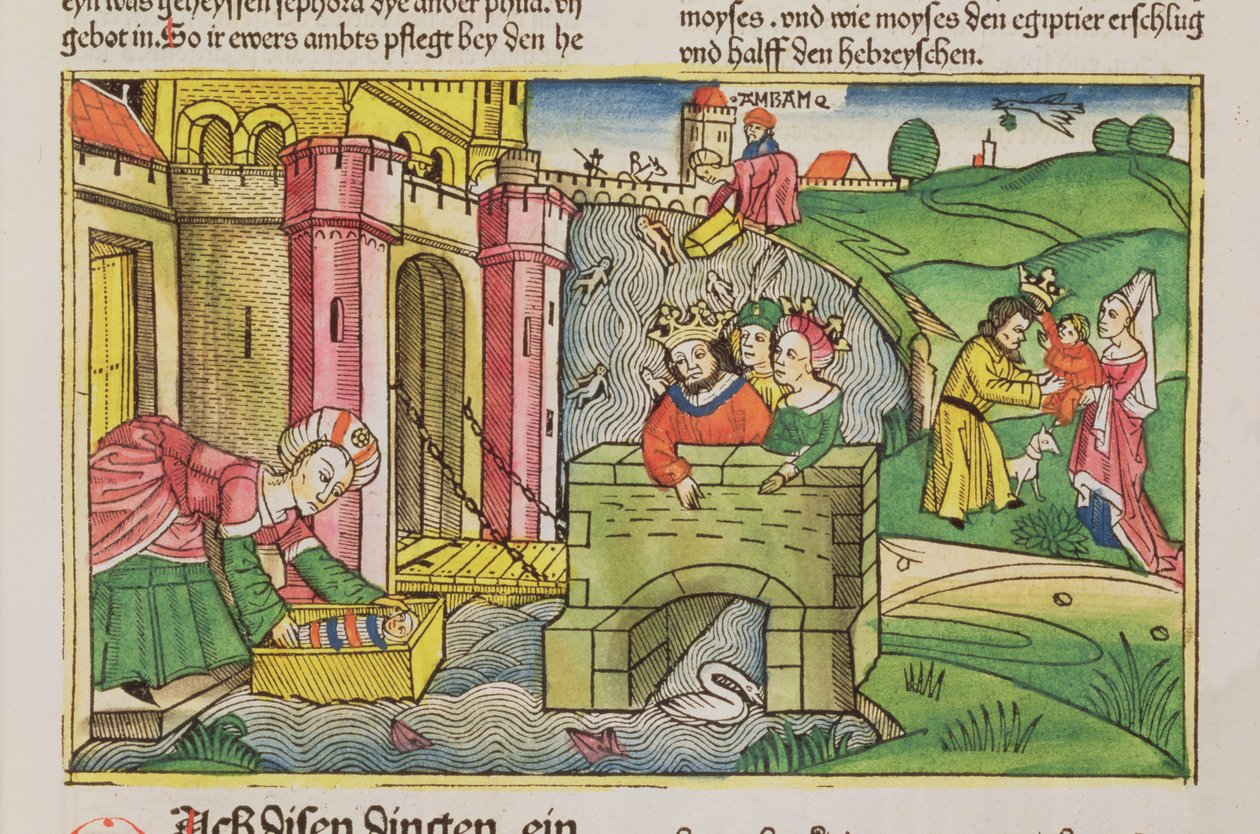 Anden Mosebog 2 1-6 Moses svævede ned ad Nilen og opdaget af en af faraos koner, fra Nürnbergbibelen (Biblia Sacra Germanaica) (farvet træsnit) af German School