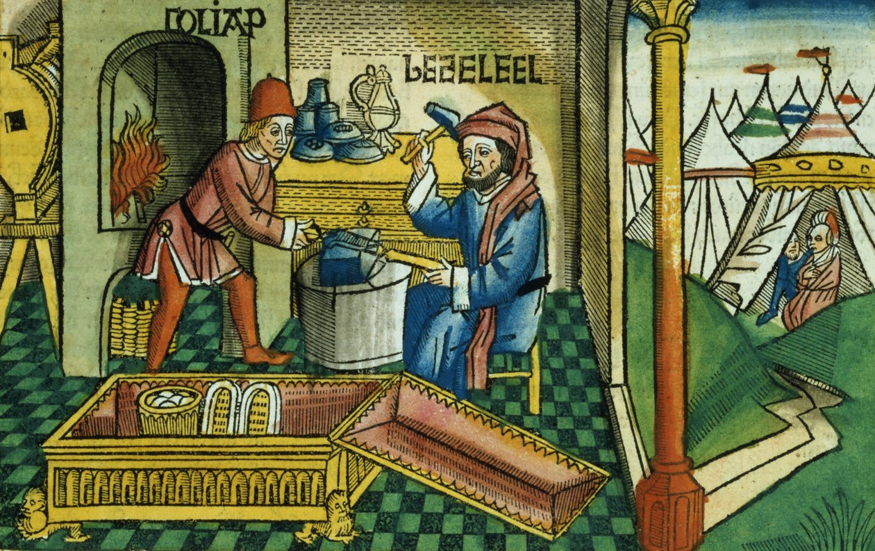 Anden Mosebog 31 2-8 Bezalel og Oholiab laver Pagtens Ark, fra Nürnbergbibelen (Biblia Sacra Germanaica) (farvet træsnit) af German School