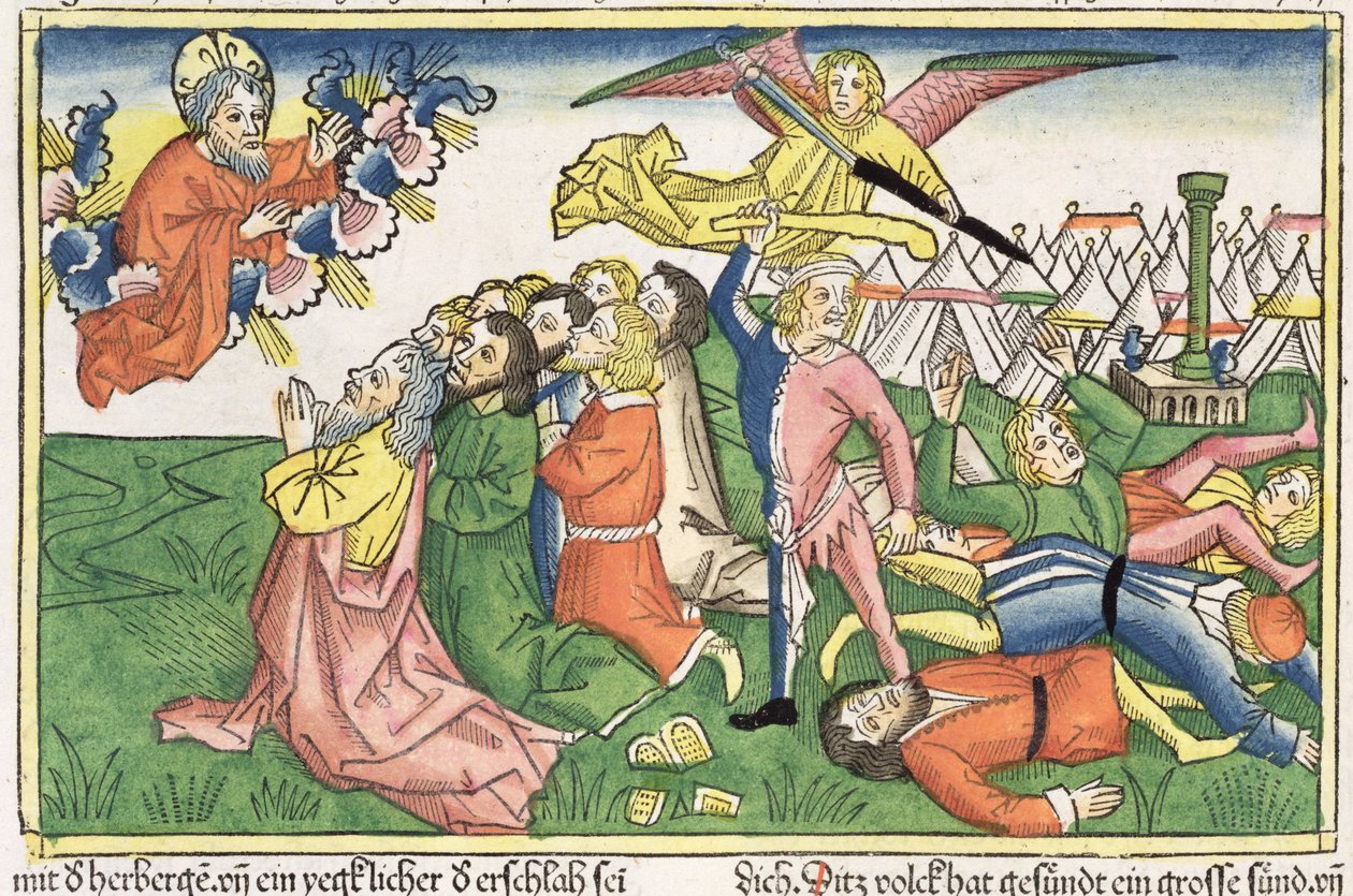 Anden Mosebog 32 15-23 Moses bryder stentavlerne, fra Nürnbergbibelen (Biblia Sacra Germanaica) (farvet træsnit) af German School