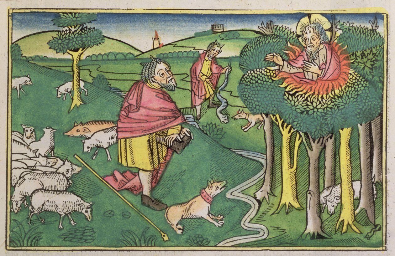 Anden Mosebog 3 1-22 Den brændende busk og Anden Mosebog 4 1-4 Gud bevæbner Moses med den mirakuløse stang, fra Nürnbergbibelen (Biblia Sacra Germanaica) (farvet træsnit) af German School