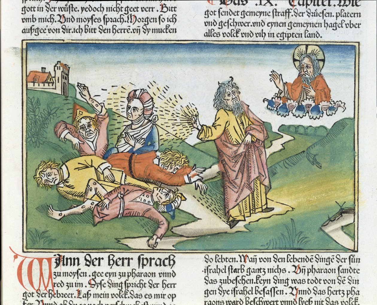 Anden Mosebog 9 8-12 Egyptens syv plager: Moses og bylder, fra Nürnbergbibelen (Biblia Sacra Germanaica) (farvet træsnit) af German School