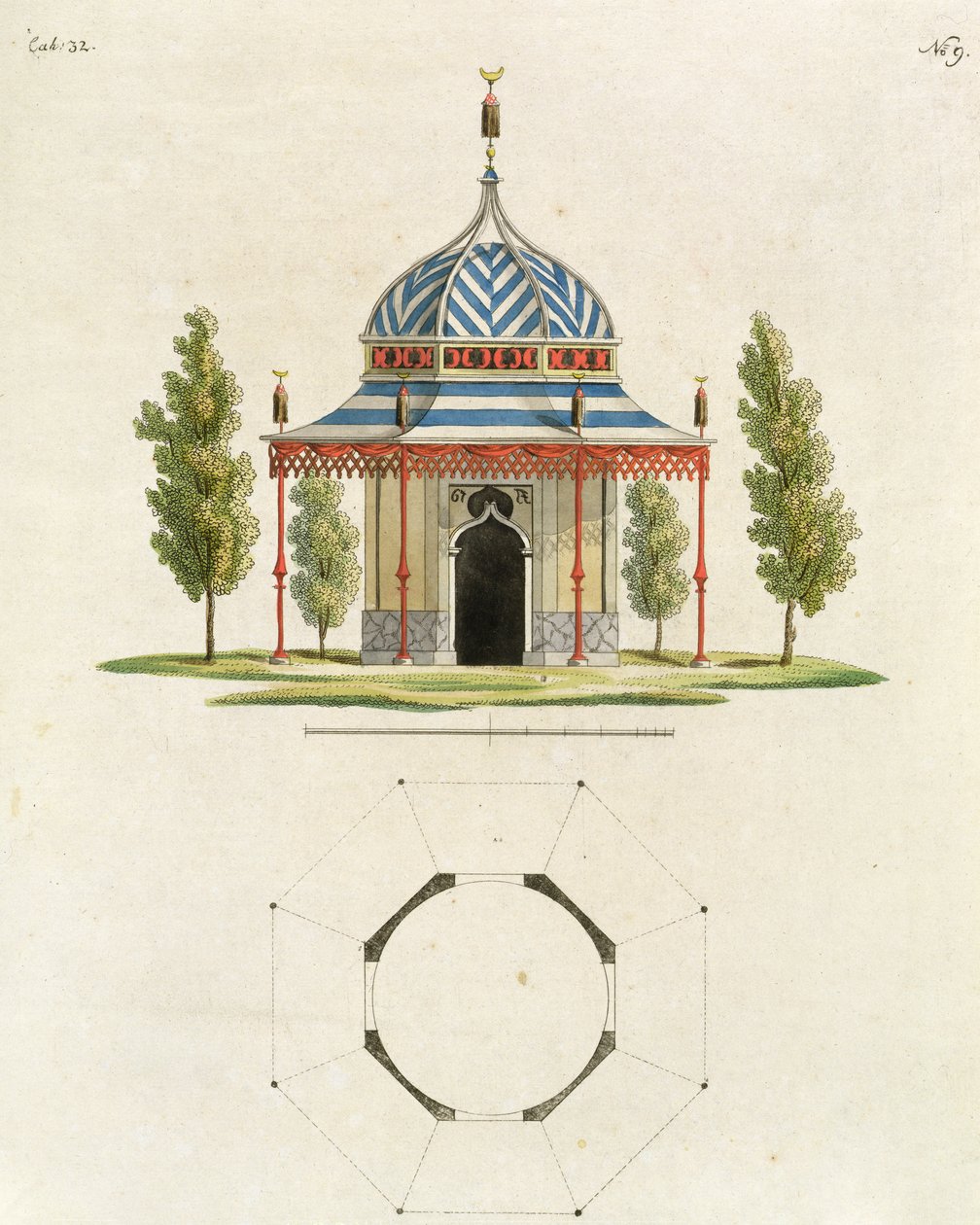 Ydre af et kinesisk havetempel, fra Nylige nye ideer til haven, udgivet 1779 (farvegravering) (se også 170864) af German School
