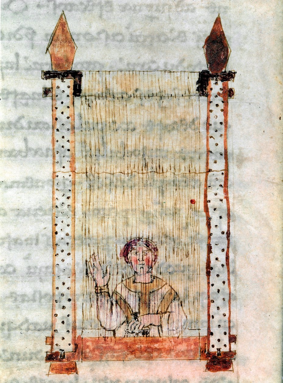 Stofarbejde. Et væveri. Miniature taget fra manuskriptet "" De Universo" eller "" De rerum naturis"" (Fra tingenes natur) af Rabanus Maurus Magnentius (eller Raban Maur eller Raban Mauro, ca. 780-856). 9. århundrede. Arkiv for Mount Cassino Abbey (Mo af German School