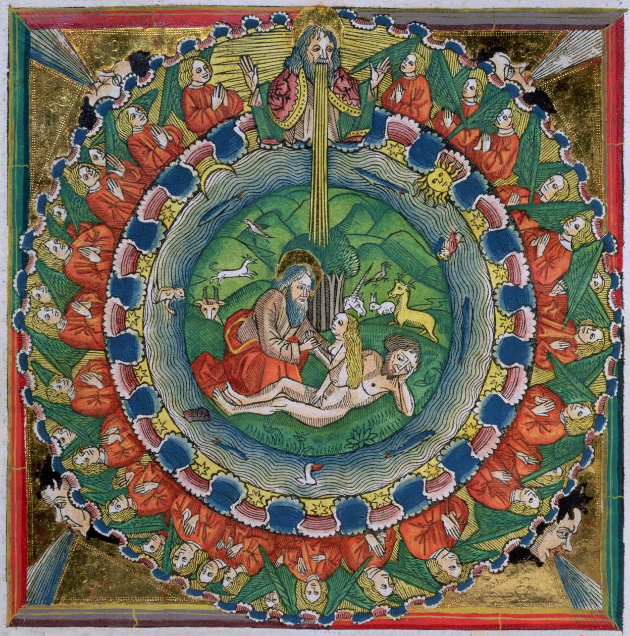 Faksimilekopi af 1. Mosebog 2:22 Gud skabte Eva, fra Nürnbergbibelen (Biblia Sacra Germanaica) af German School
