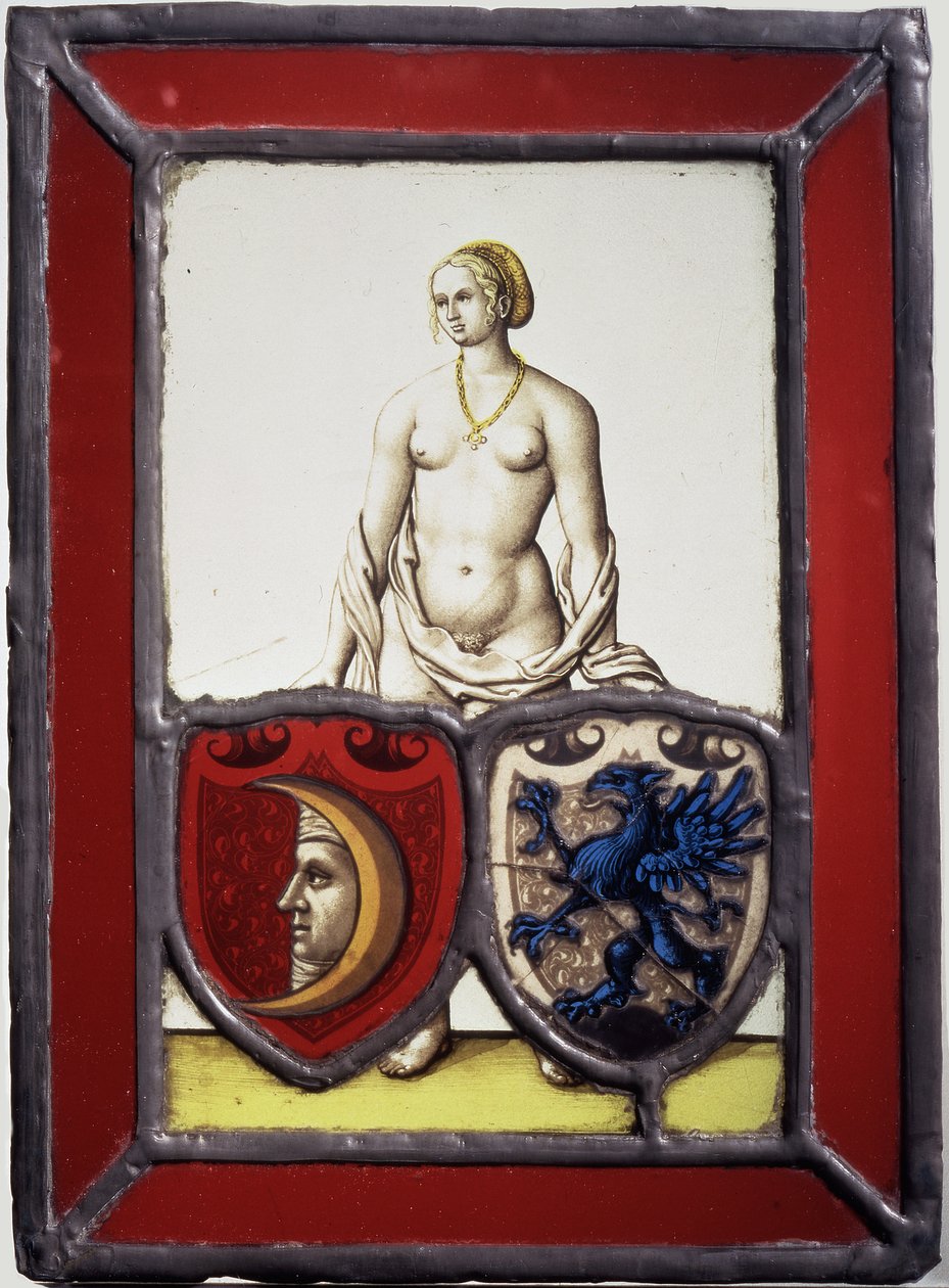 Kvindelig nøgen, der støtter to heraldiske skjolde, ca. 1535 (pottemetal, blankt og klart glas, gul bejdse og sort glasmaling) af German School
