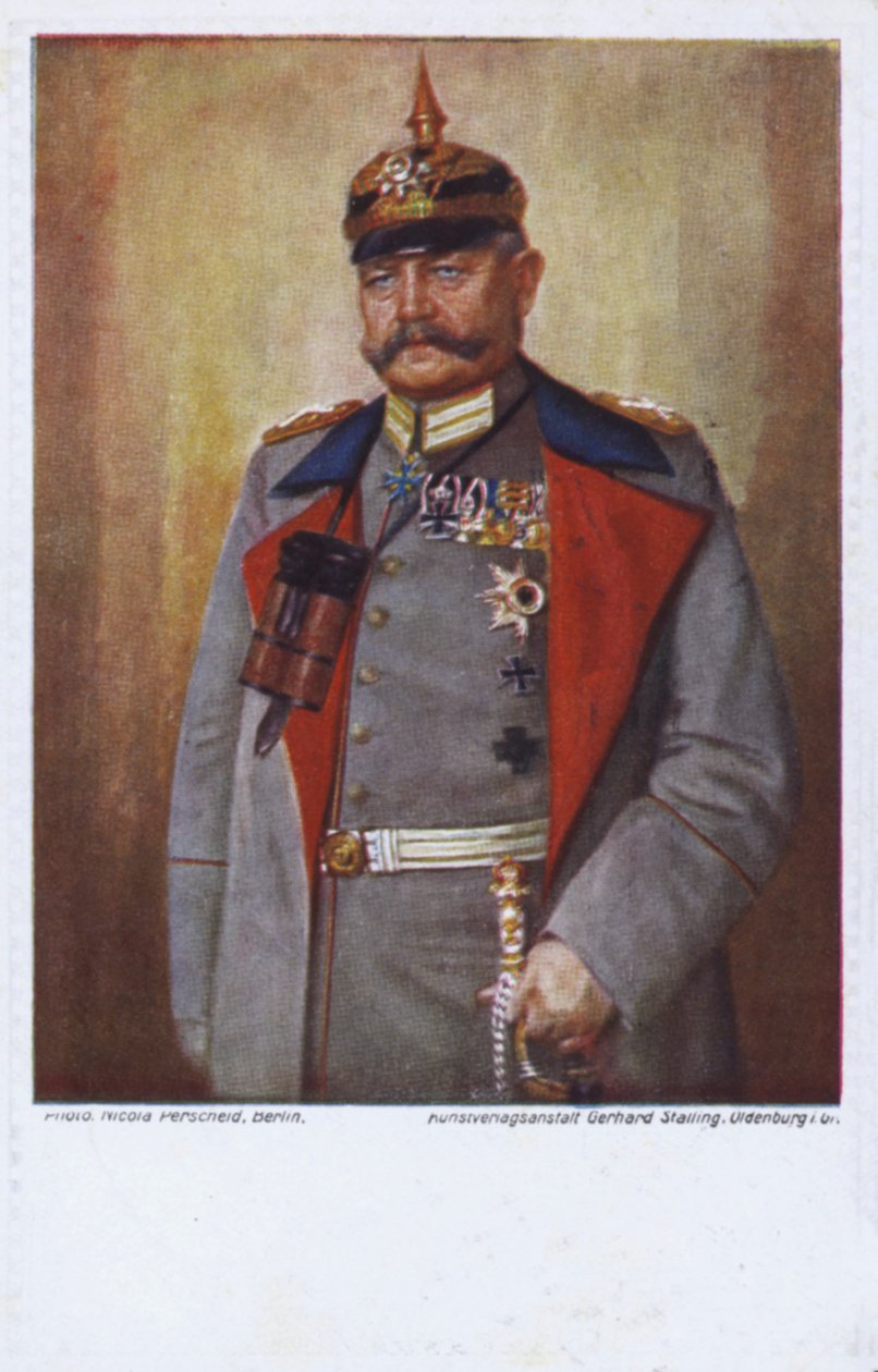 Feltmarskal Paul von Hindenburg, øverstbefalende for den tyske hær i Første Verdenskrig (farvelitografi) af German School
