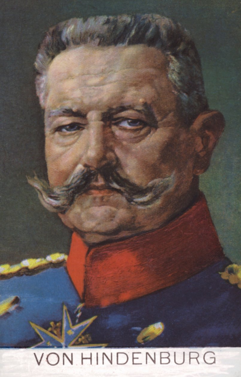 Feltmarskal Paul von Hindenburg, øverstbefalende for den tyske hær i Første Verdenskrig (farvelitografi) af German School