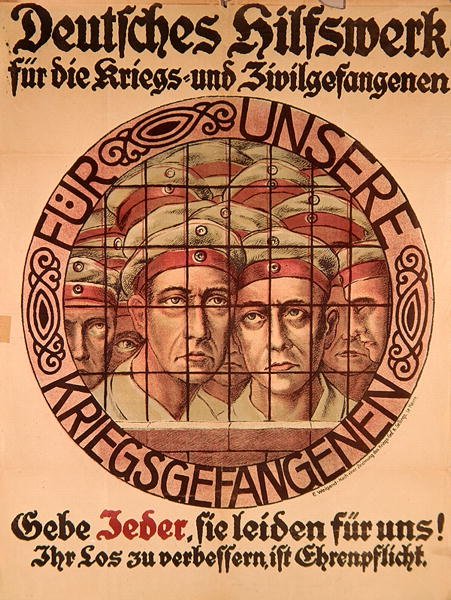 Første Verdenskrigsplakat, der opfordrer tyskerne til at give penge til at hjælpe tyske krigsfanger (farve litho) af German School