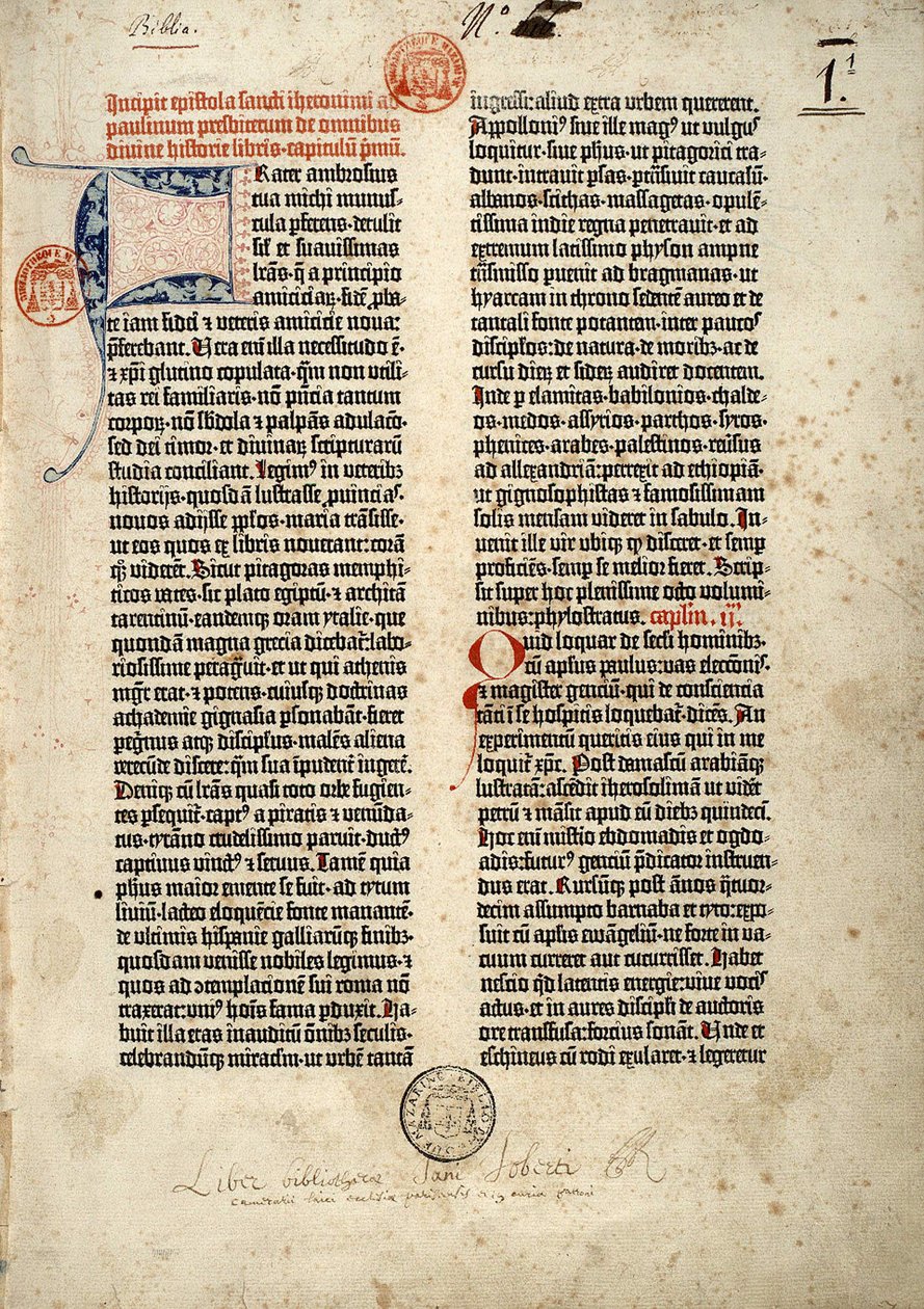 Første side af Bibelen på latin (vulgata) af Gutenberg udarbejdet i Mainz 1452 - 1454. Begyndelsen på epitre af Saint Hieronymus til præsten Paulin, der beskæftiger sig med alle de hellige skrifters bøger. af German School