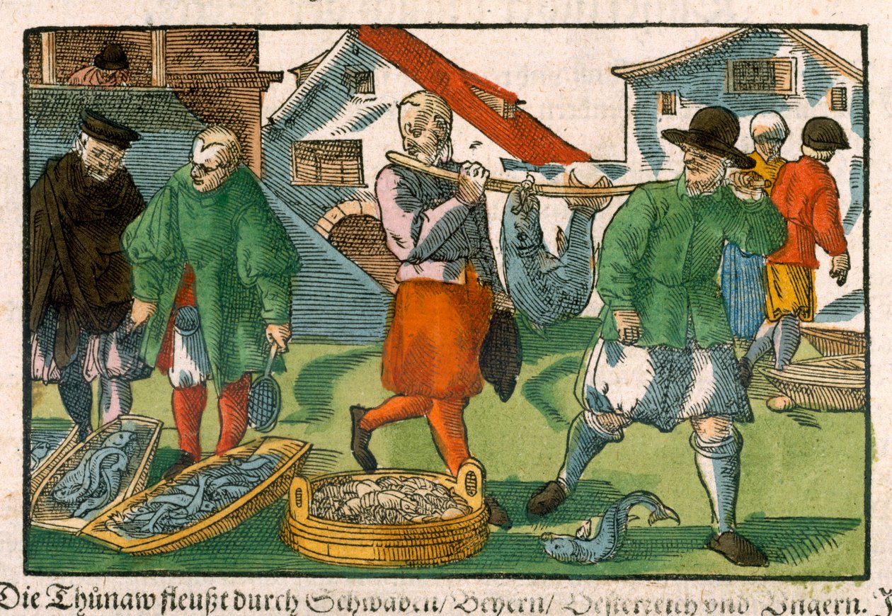 Fiskemarked, efter tysk manuskript, ca. 1650 (håndkoloreret træsnit) af German School