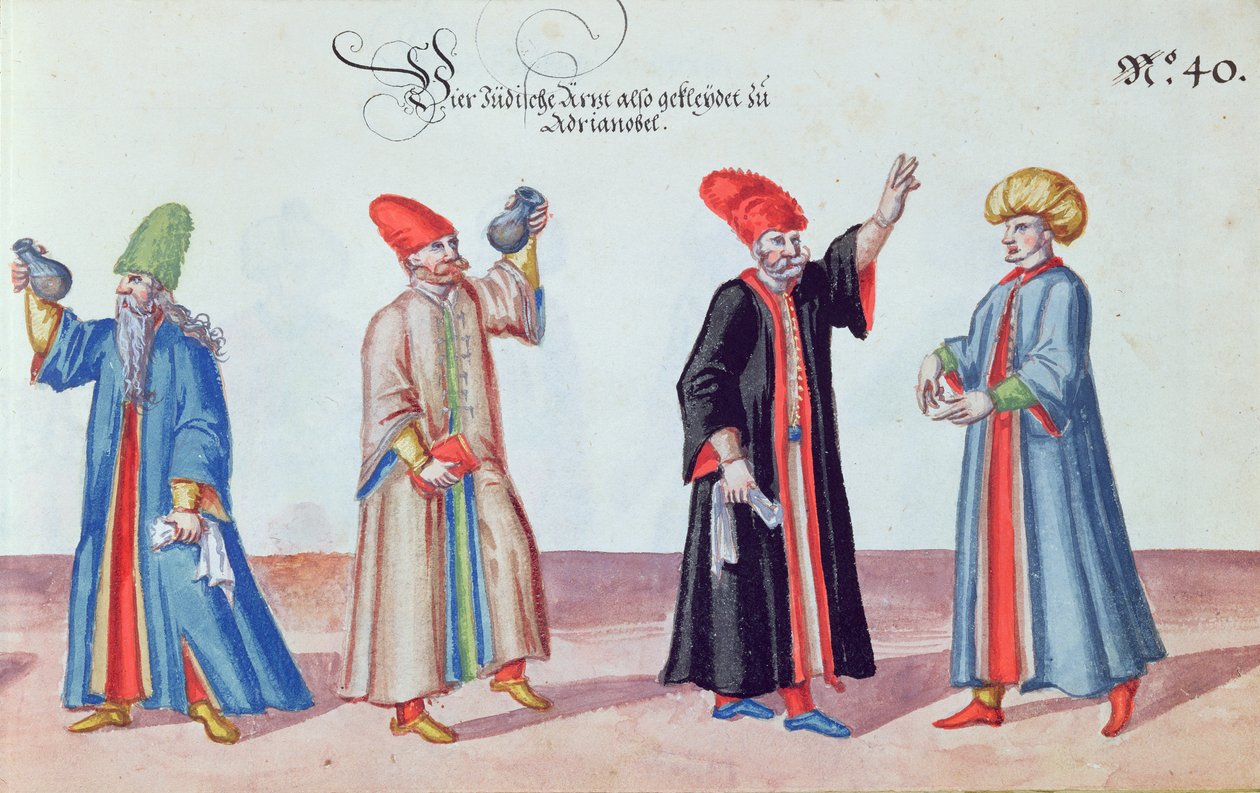 Fire jødiske læger fra Adrianople, Tyrkiet, ca. 1600 (wc på papir) af German School