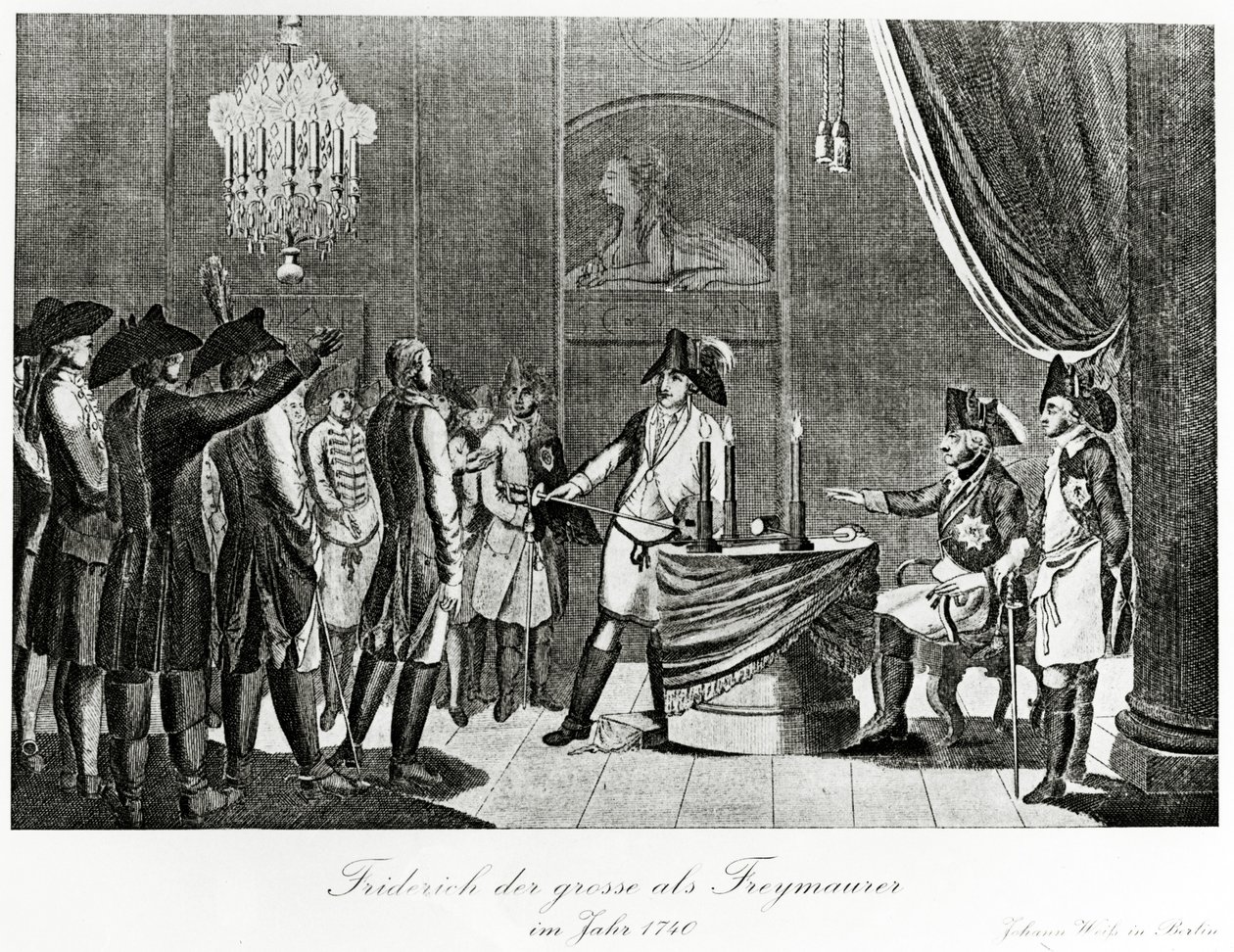 Frederik den Store modtager sin svoger, Frederik, markgreve af Brandenburg-Bayreuth som frimurer i Berlin i 1740 af German School